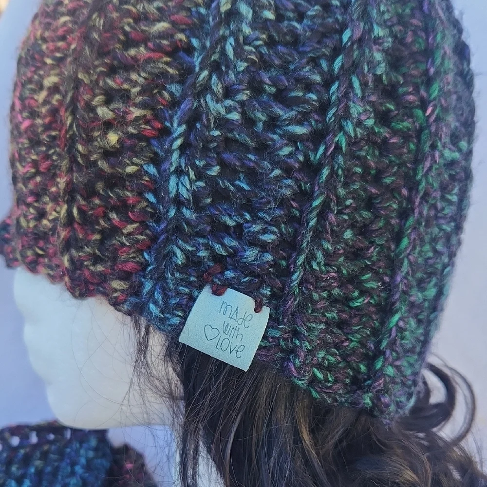 Handmade Chunky Crochet Messy Bun or Ponytail Beanie with Fingerless Mitts
